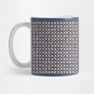 Deepest steel blue and mellow cream Lines and obliques Joining together in geometric imperfection to create a faux Crosstitch pattern Mug